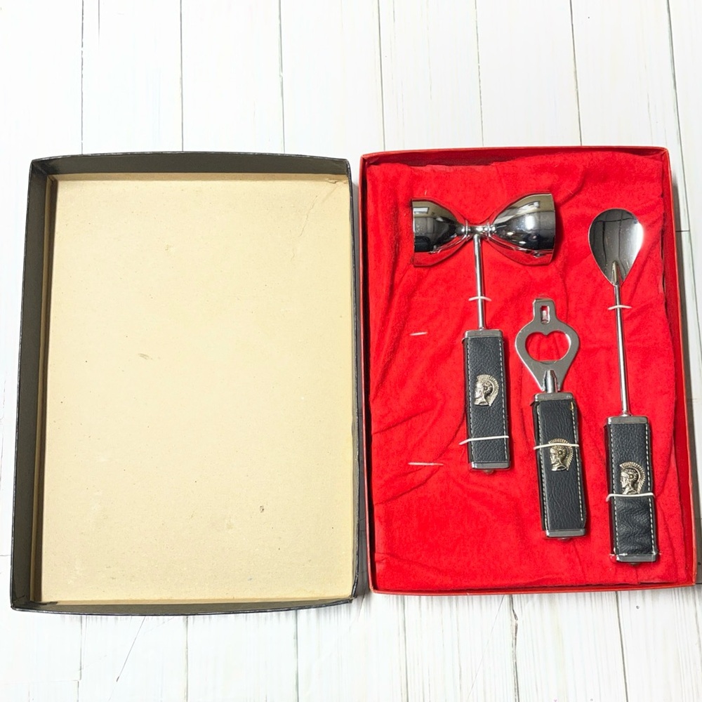 Vintage Bar Set Barware Tools Leather Handles Roman Soldier CORK SCREW MISSING